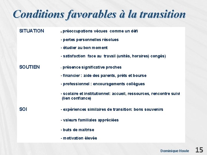 Conditions favorables à la transition SITUATION préoccupations vécues comme un défi - pertes personnelles