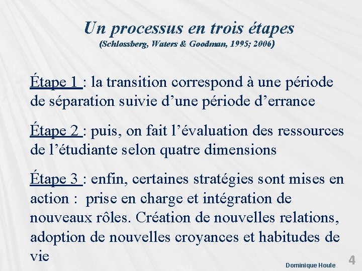  Un processus en trois étapes (Schlossberg, Waters & Goodman, 1995; 2006) Étape 1