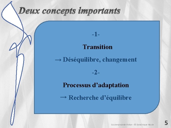 Deux concepts importants -1 Transition → Déséquilibre, changement -2 Processus d’adaptation → Recherche d’équilibre