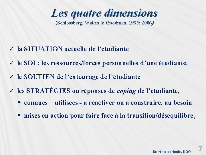 Les quatre dimensions (Schlossberg, Waters & Goodman, 1995; 2006) 200 ü la SITUATION actuelle