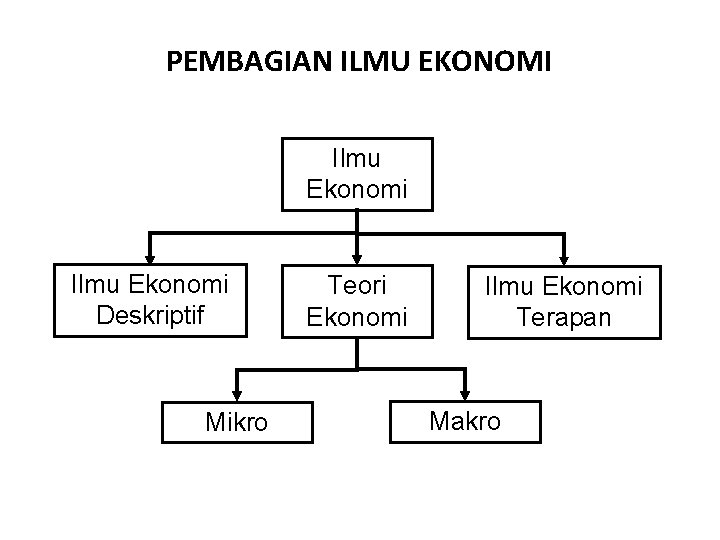 PEMBAGIAN ILMU EKONOMI Ilmu Ekonomi Deskriptif Mikro Teori Ekonomi Ilmu Ekonomi Terapan Makro 