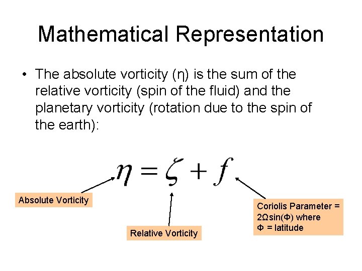 Mathematical Representation • The absolute vorticity (η) is the sum of the relative vorticity Mathematical Representation • The absolute vorticity (η) is the sum of the relative vorticity