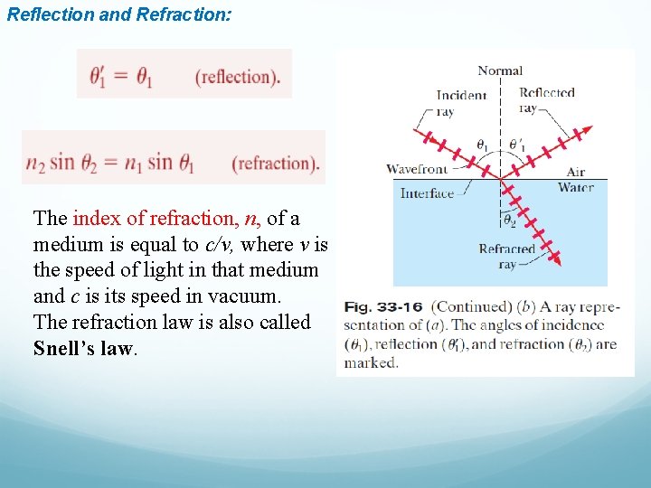 Reflection and Refraction: The index of refraction, n, of a medium is equal to