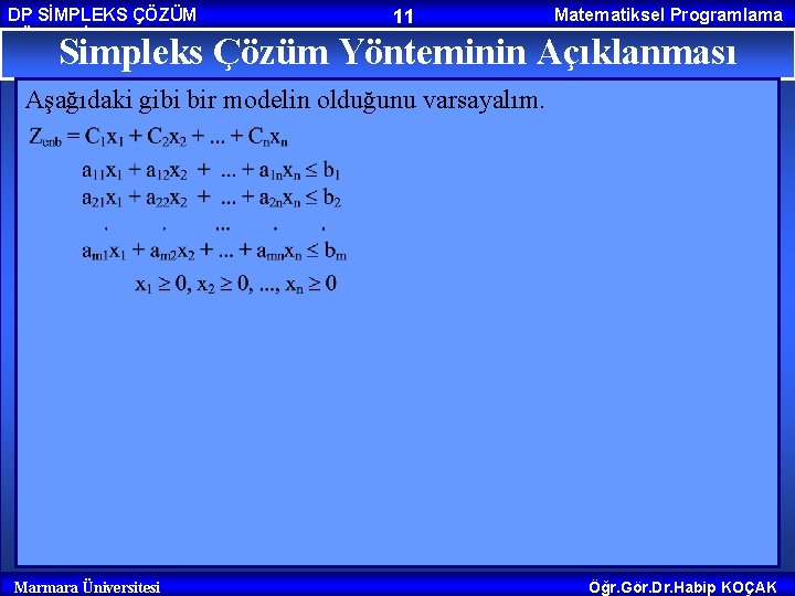 DP SİMPLEKS ÇÖZÜM YÖNTEMİ 11 Matematiksel Programlama Simpleks Çözüm Yönteminin Açıklanması Aşağıdaki gibi bir