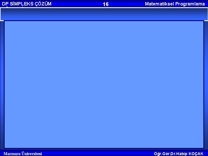 DP SİMPLEKS ÇÖZÜM YÖNTEMİ Marmara Üniversitesi 16 Matematiksel Programlama Öğr. Gör. Dr. Habip KOÇAK