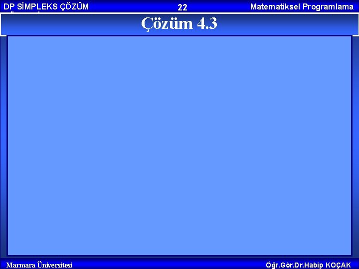 DP SİMPLEKS ÇÖZÜM YÖNTEMİ Marmara Üniversitesi 22 Matematiksel Programlama Çözüm 4. 3 Öğr. Gör.