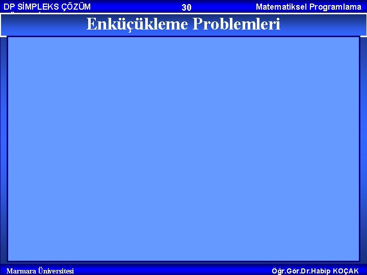 DP SİMPLEKS ÇÖZÜM YÖNTEMİ 30 Matematiksel Programlama Enküçükleme Problemleri Marmara Üniversitesi Öğr. Gör. Dr.