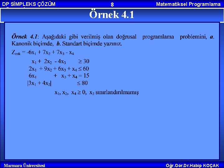 DP SİMPLEKS ÇÖZÜM YÖNTEMİ Marmara Üniversitesi 8 Matematiksel Programlama Örnek 4. 1 Öğr. Gör.