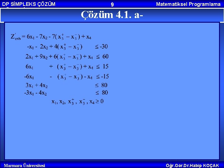 DP SİMPLEKS ÇÖZÜM YÖNTEMİ Marmara Üniversitesi 9 Matematiksel Programlama Çözüm 4. 1. a- Öğr.