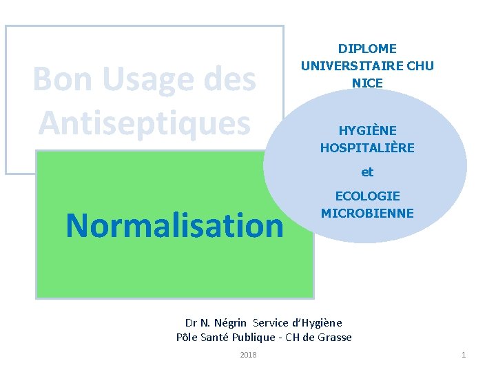 Bon Usage des Antiseptiques DIPLOME UNIVERSITAIRE CHU NICE HYGIÈNE HOSPITALIÈRE et Normalisation ECOLOGIE MICROBIENNE