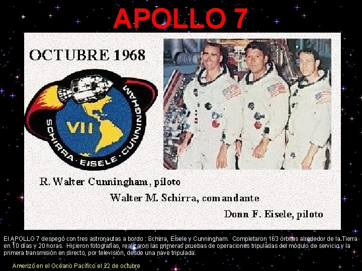 APOLLO 7 El APOLLO 7 despegó con tres astronautas a bordo : Schirra, Eisele