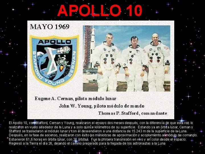 APOLLO 10 El Apollo 10, con Stafford, Cernan y Young, realizaron el ensayo dos