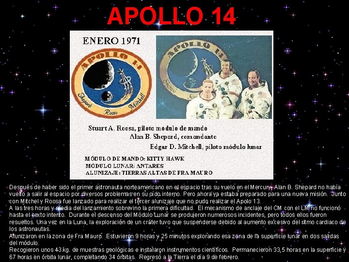 APOLLO 14 Después de haber sido el primer astronauta norteamericano en el espacio tras
