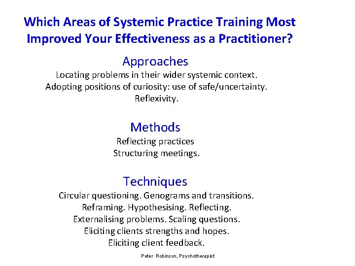 Which Areas of Systemic Practice Training Most Improved Your Effectiveness as a Practitioner? Approaches