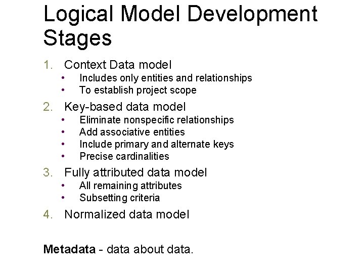 Logical Model Development Stages 1. Context Data model • • Includes only entities and