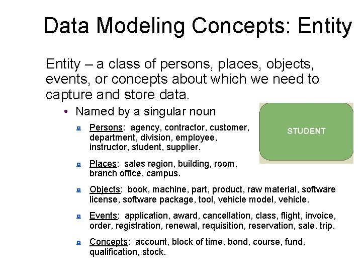 Data Modeling Concepts: Entity – a class of persons, places, objects, events, or concepts