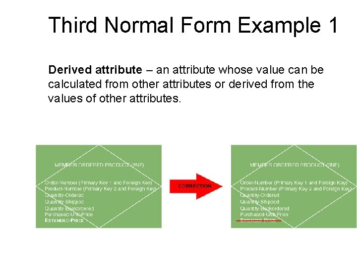 Third Normal Form Example 1 Derived attribute – an attribute whose value can be