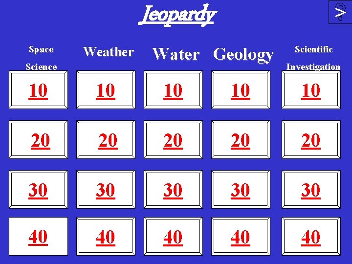 Jeopardy Space Weather Science > Water Geology Scientific Investigation 10 10 10 20 20