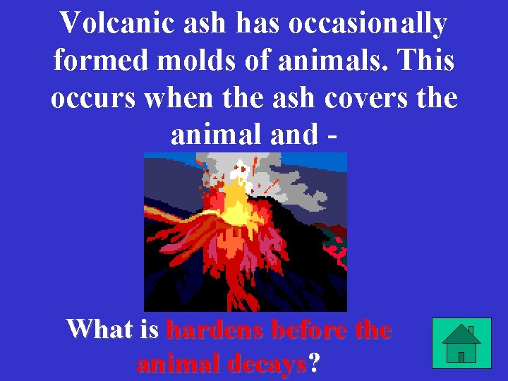 Volcanic ash has occasionally formed molds of animals. This occurs when the ash covers