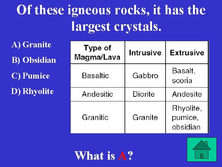 Of these igneous rocks, it has the largest crystals. A) Granite B) Obsidian C)