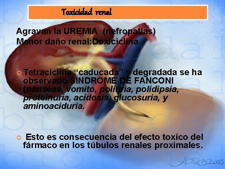 Toxicidad renal Agravan la UREMIA (nefropatías) Menor daño renal: Doxiciclina Tetraciclina “caducada” y degradada