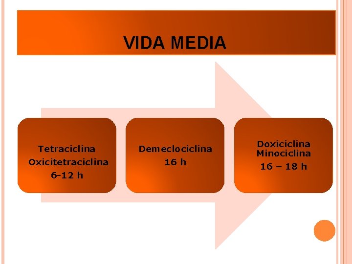 VIDA MEDIA Tetraciclina Oxicitetraciclina 6 -12 h Demeclociclina 16 h Doxiciclina Minociclina 16 –