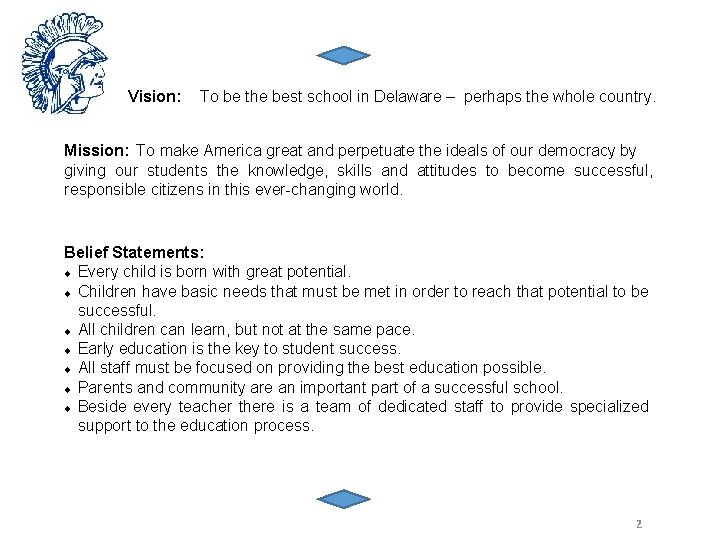 Vision: To be the best school in Delaware – perhaps the whole country. Mission: