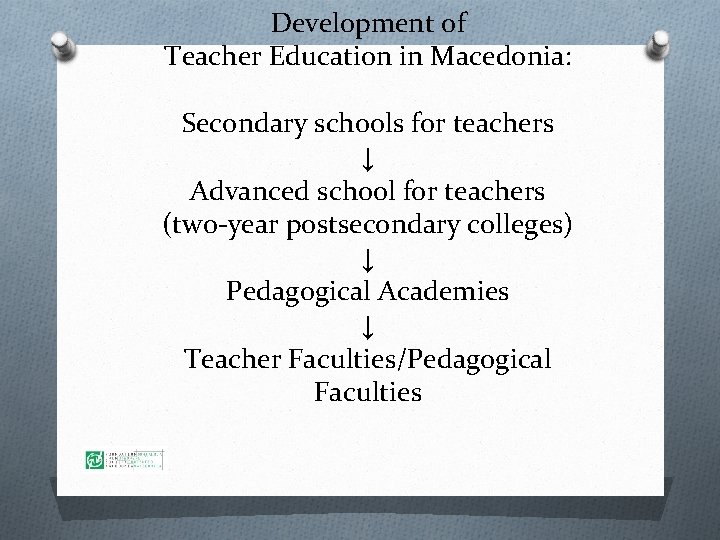 Development of Teacher Education in Macedonia: Secondary schools for teachers ↓ Advanced school for