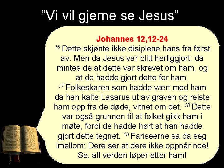 ”Vi vil gjerne se Jesus” Johannes 12, 12 -24 16 Dette skjønte ikke disiplene