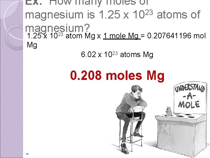 Ex: How many moles of magnesium is 1. 25 x 1023 atoms of magnesium?