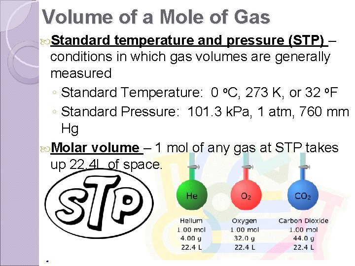 Volume of a Mole of Gas Standard temperature and pressure (STP) – conditions in