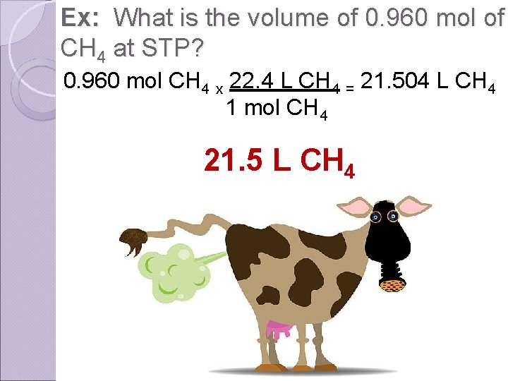 Ex: What is the volume of 0. 960 mol of CH 4 at STP?