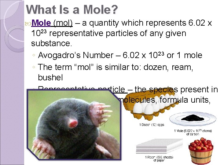 What Is a Mole? Mole (mol) – a quantity which represents 6. 02 x