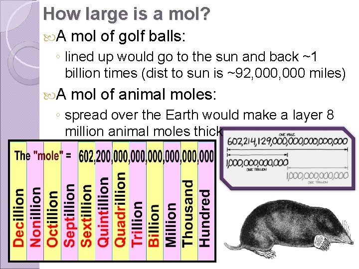 How large is a mol? A mol of golf balls: ◦ lined up would