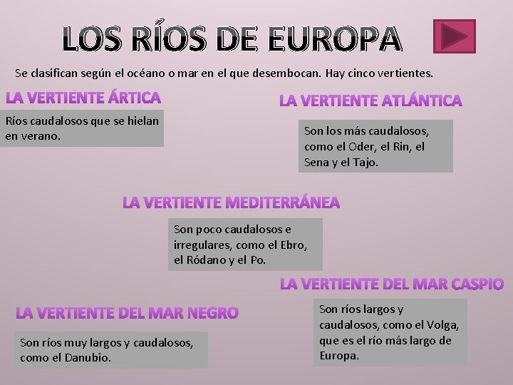 LOS RÍOS DE EUROPA Se clasifican según el océano o mar en el que