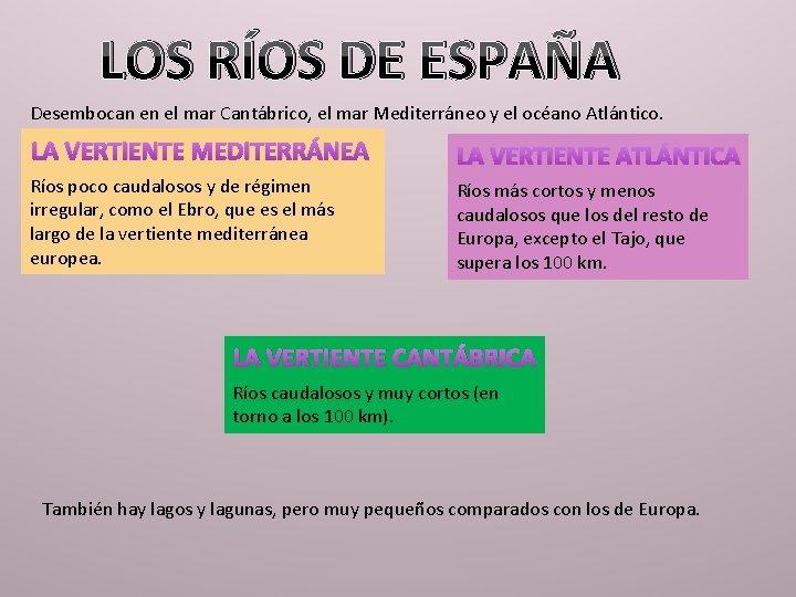 LOS RÍOS DE ESPAÑA Desembocan en el mar Cantábrico, el mar Mediterráneo y el