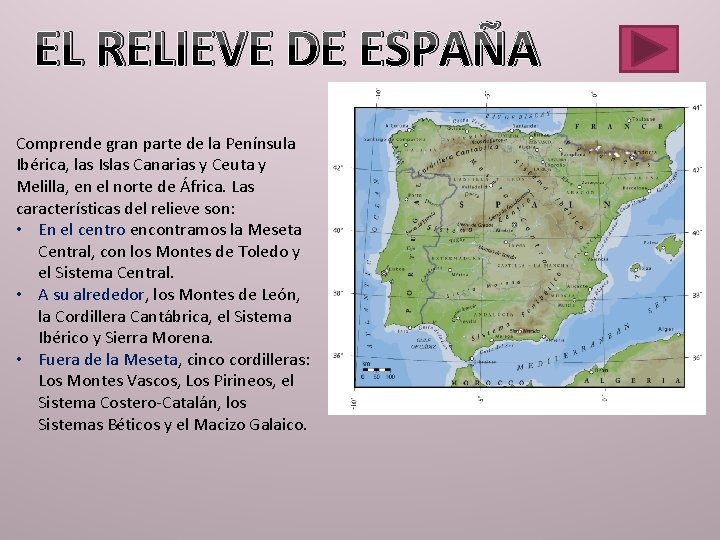 EL RELIEVE DE ESPAÑA Comprende gran parte de la Península Ibérica, las Islas Canarias