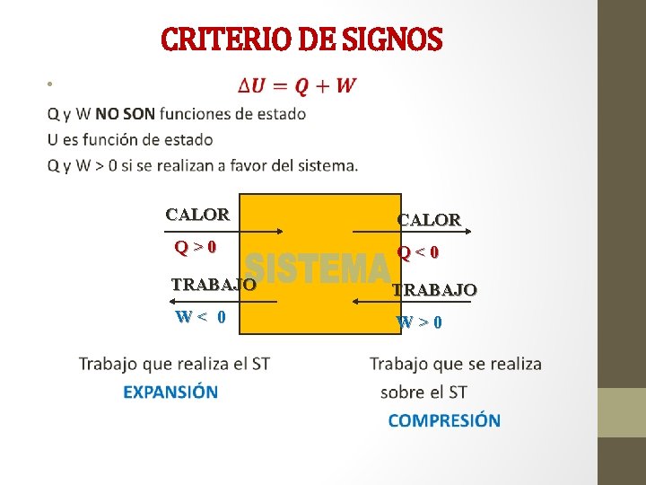 CRITERIO DE SIGNOS • CALOR Q>0 Q<0 TRABAJO W< 0 W>0 