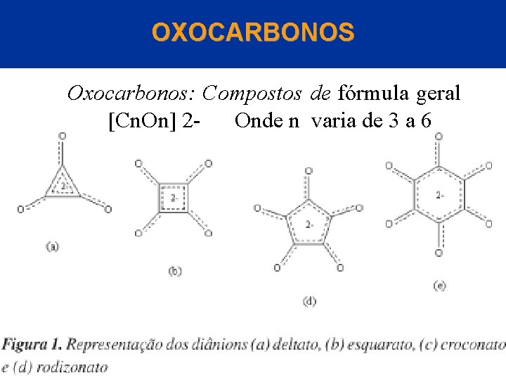 OXOCARBONOS Oxocarbonos: Compostos de fórmula geral [Cn. On] 2 Onde n varia de 3