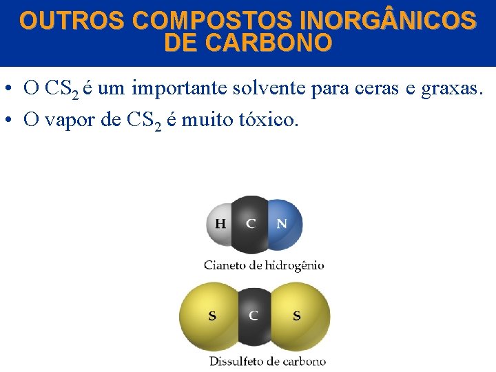 OUTROS COMPOSTOS INORG NICOS DE CARBONO • O CS 2 é um importante solvente