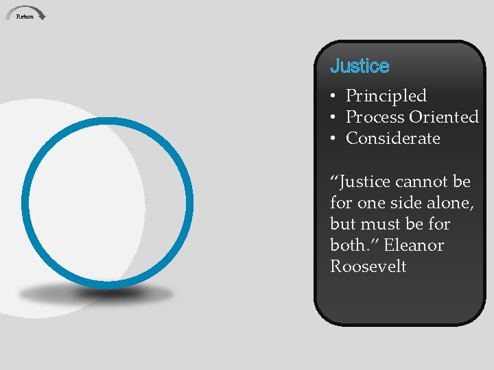 Return Justice • Principled • Process Oriented • Considerate “Justice cannot be for one