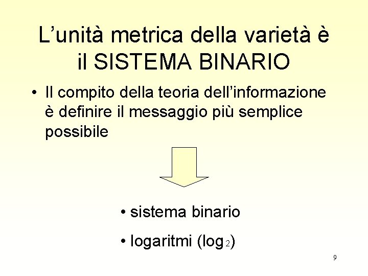 L’unità metrica della varietà è il SISTEMA BINARIO • Il compito della teoria dell’informazione L’unità metrica della varietà è il SISTEMA BINARIO • Il compito della teoria dell’informazione