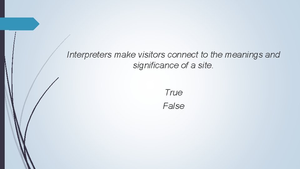 Interpreters make visitors connect to the meanings and significance of a site. True False