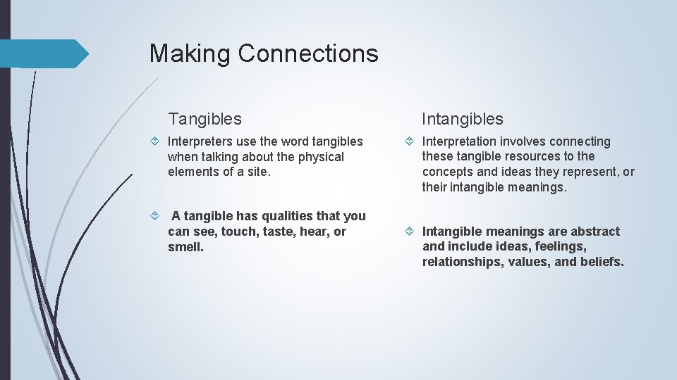 Making Connections Tangibles Interpreters use the word tangibles when talking about the physical elements