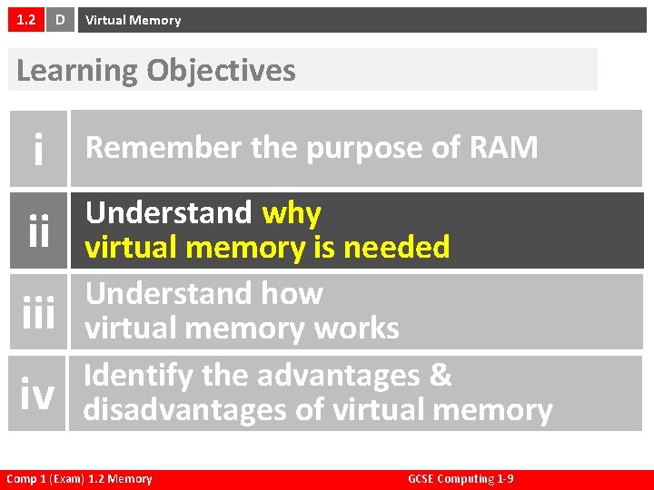 1. 2 D Virtual Memory Learning Objectives i Remember the purpose of RAM ii