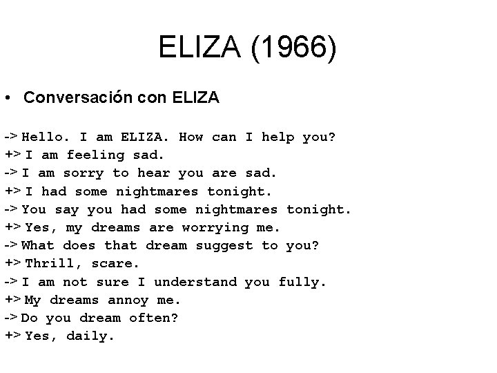 ELIZA (1966) • Conversación con ELIZA -> Hello. I am ELIZA. How can I