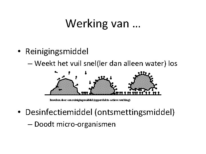 Werking van … • Reinigingsmiddel – Weekt het vuil snel(ler dan alleen water) los Werking van … • Reinigingsmiddel – Weekt het vuil snel(ler dan alleen water) los