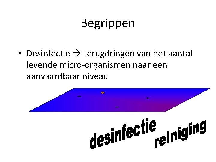 Begrippen • Desinfectie terugdringen van het aantal levende micro-organismen naar een aanvaardbaar niveau 