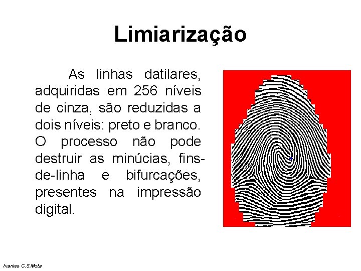 Limiarização As linhas datilares, adquiridas em 256 níveis de cinza, são reduzidas a dois Limiarização As linhas datilares, adquiridas em 256 níveis de cinza, são reduzidas a dois