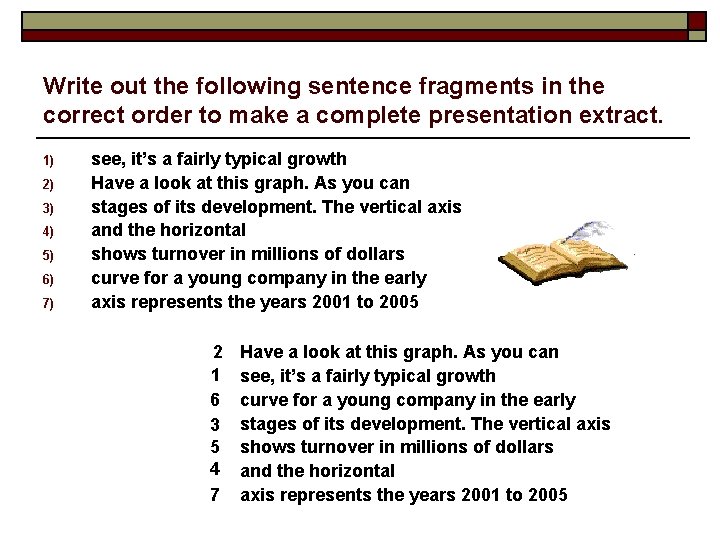 Write out the following sentence fragments in the correct order to make a complete